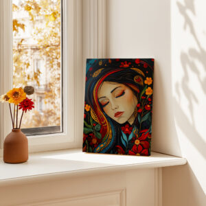 Woman Portrait with Flowers Canvas Inspired by Indigenous Canadian Art, Colorful Large Aboriginal Style Print Wall Decor, Unique Housewarming Gift - photo #8