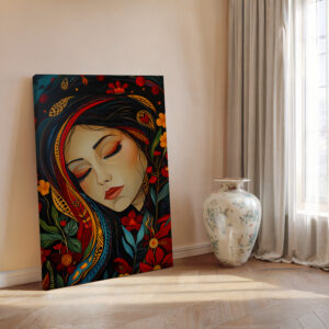 Woman Portrait with Flowers Canvas Inspired by Indigenous Canadian Art, Colorful Large Aboriginal Style Print Wall Decor, Unique Housewarming Gift - photo #7