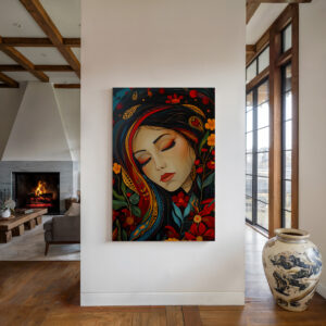 Woman Portrait with Flowers Canvas Inspired by Indigenous Canadian Art, Colorful Large Aboriginal Style Print Wall Decor, Unique Housewarming Gift - photo #4