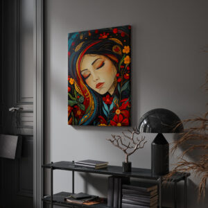 Woman Portrait with Flowers Canvas Inspired by Indigenous Canadian Art, Colorful Large Aboriginal Style Print Wall Decor, Unique Housewarming Gift - photo #6