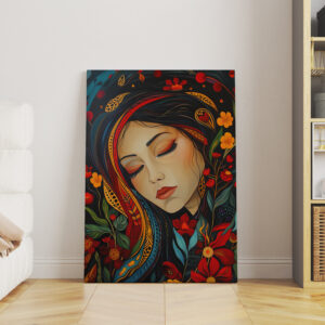 Woman Portrait with Flowers Canvas Inspired by Indigenous Canadian Art, Colorful Large Aboriginal Style Print Wall Decor, Unique Housewarming Gift - photo #9