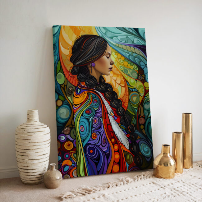 Colorful Woman Portrait Canadian Aboriginal Inspired Wall Art, Maximalist and Aboriginal Indigenous Style Large Print Canvas for Housewarming Gift