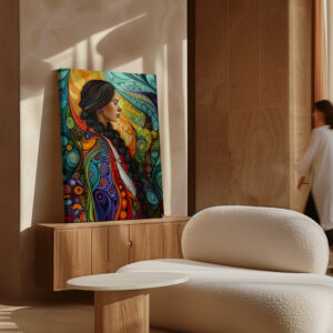 Colorful Woman Portrait Canadian Aboriginal Inspired Wall Art, Maximalist and Aboriginal Indigenous Style Large Print Canvas for Housewarming Gift - photo #7