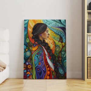 Colorful Woman Portrait Canadian Aboriginal Inspired Wall Art, Maximalist and Aboriginal Indigenous Style Large Print Canvas for Housewarming Gift - photo #4