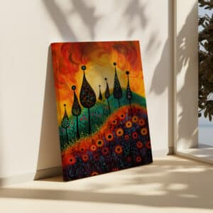 Extra Large Colorful Canvas Sunset Meadow Artwork Inspired by Indigenous Canada Art, Canadian Aboriginal Metis Style Print for Housewarming Gift