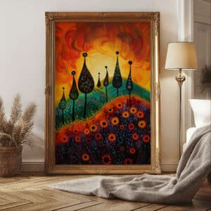 Maximalist Sunset Meadow Indigenous Style Artwork, Colorful Canadian Aboriginal-Inspired Wall Art Ideal for Living Spaces, Perfect Wedding Gift