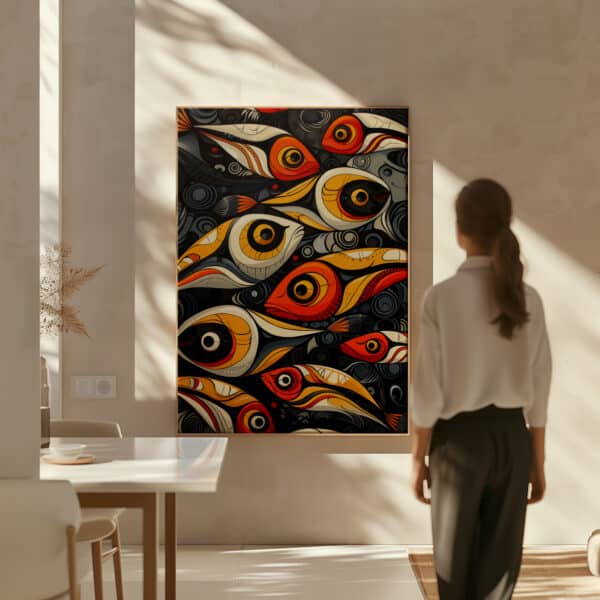 Bold Salmon Fish Canvas in Style of Canadian Aboriginal Art, Vibrant Indigenous-Inspired Wall Decor for a Maximalist Statement, Housewarming Gift
