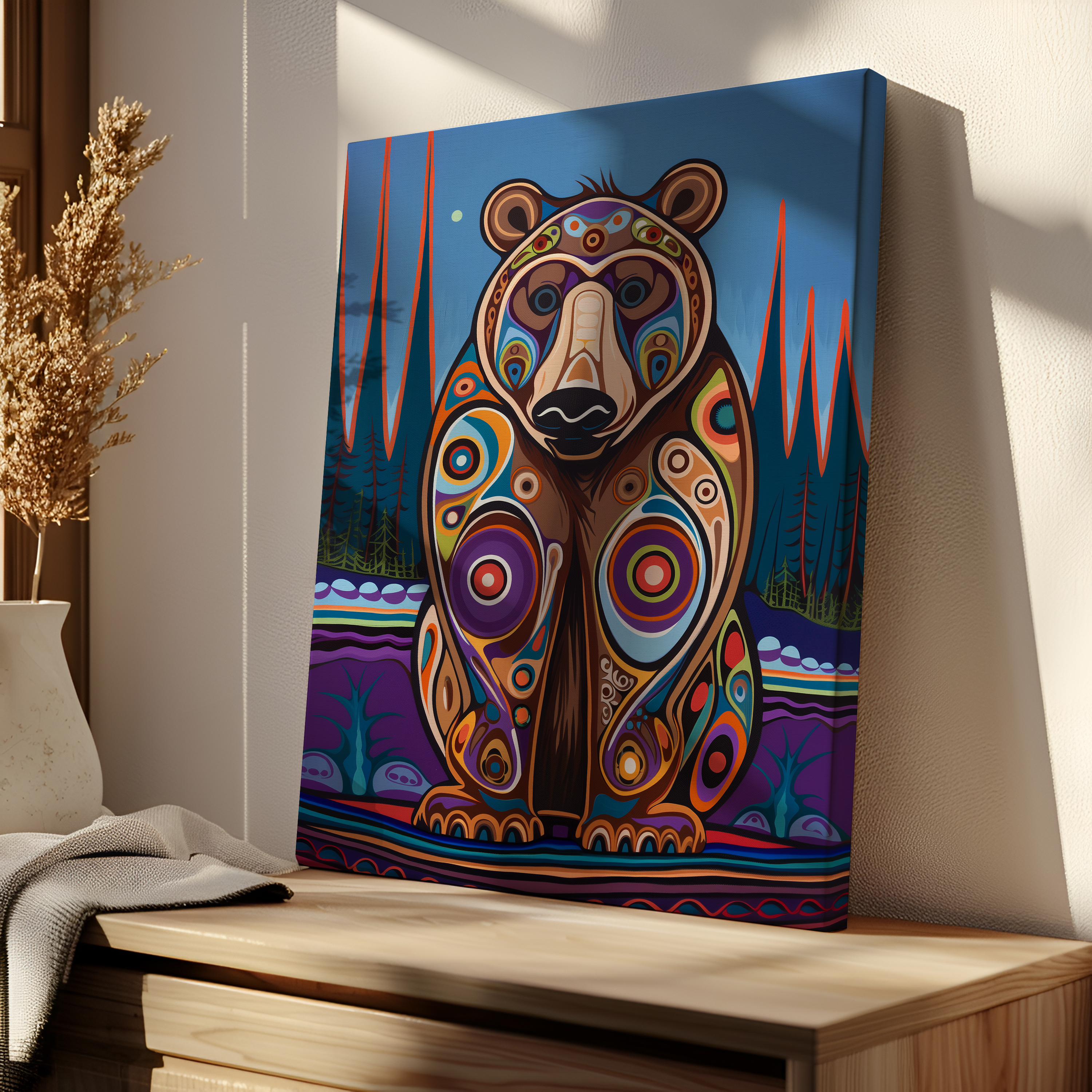 Bear Print on Canvas Inspired by Inuit & Metis Canada Art, Colorful Aboriginal Indigenous Home Decor for Living Spaces, Housewarming Gift Idea