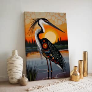 Heron Maximalist Wall Decor Inspired by Canadian Native Art, Vibrant Indigenous Style Canvas for Bold Contemporary Home Decor, Unique Gift Idea