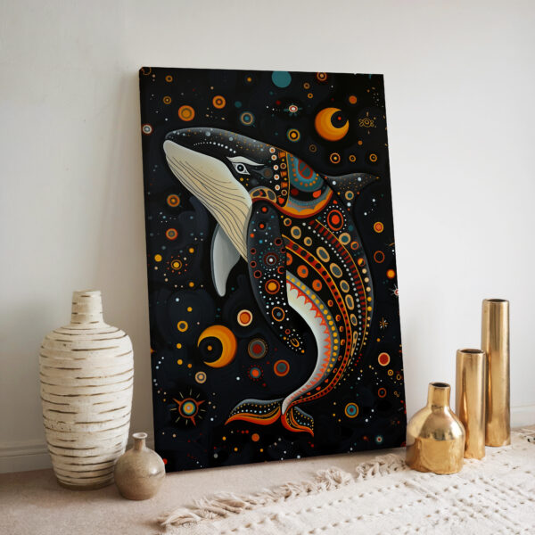 Black Killer Whale Canvas Inspired by Canadian Indigenous Artwork, Eye-Catching Aboriginal Style Wall Art for Contemporary Spaces, Cultural Gift