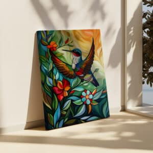 Vibrant Hummingbird Canvas Inspired by Aboriginal Indigenous Art, Stunning Canadian Native Style Wall Artwork for Housewarming or Cultural Gift