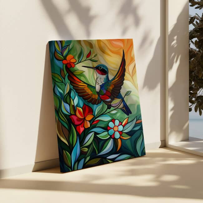 Vibrant Hummingbird Canvas Inspired by Aboriginal Indigenous Art, Stunning Canadian Native Style Wall Artwork for Housewarming or Cultural Gift