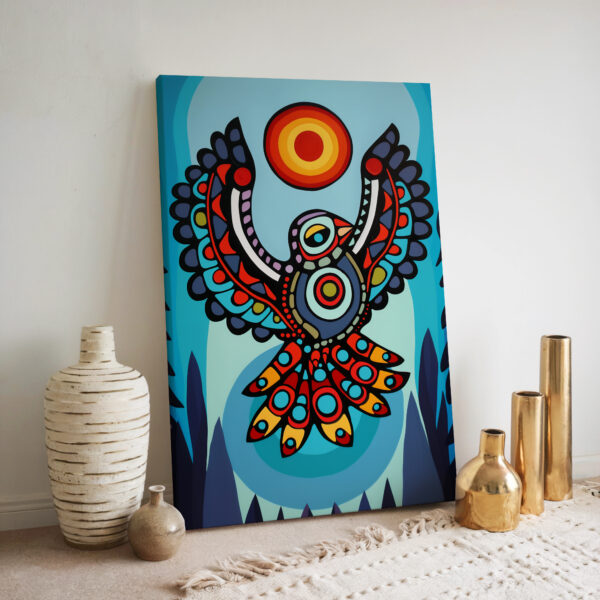 Eagle and Sun Canadian Aboriginal Style Artwork, Colorful Intricate Bird Canvas Wall Art for Home Decor, Unique Print Gift for Indigenous Art Lovers