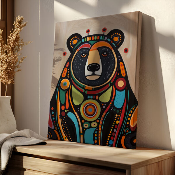 Colorful Animal Aboriginal Canvas Print, Contemporary Bear Artwork Inspired by Native Canadian Art, Inuit Indigenous Wall Art for Thoughtful Gifts