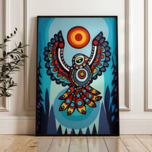 Celebrate the beauty of indigenous culture with our Colorful Eagle & Sun Canadian Aboriginal Inspired Wall Art. This stunning piece combines vibrant colors and intricate designs that reflect the deep connection to nature in Aboriginal storytelling. Measuring 24x36 inches, it is printed on high-quality, eco-friendly paper designed to bring an enriching aesthetic to your living space. Crafted with care and authenticity, this artwork is not only a striking addition to your home decor but also an expression of the rich heritage it represents. The eagle and sun imagery symbolizes strength and guidance within many Indigenous cultures, making it a perfect conversation starter. This maximalist print is versatile, suitable for a living room, bedroom, or even an office, allowing you to infuse your surroundings with meaningful art. To ensure its longevity, hang it in a location away from direct sunlight and moisture, and gently dust the surface with a soft cloth to maintain its vivid colors. Whether you’re seeking to elevate your own space or searching for the perfect gift, such as for housewarmings or weddings, this Colorful Eagle & Sun Canadian Aboriginal Inspired Wall Art is a unique choice that embodies both beauty and cultural significance.