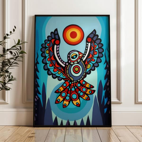 Colorful Eagle & Sun Canadian Aboriginal Inspired Wall Art, Eye-Catching Print Perfect for Contemporary Native Style Art Collection or Wedding Gifts