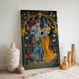 Radha Krishna Print on Canvas, Vibrant Hindu Wall Art for Indian Folk Inspired Home Decor, Perfect Gift for Housewarming