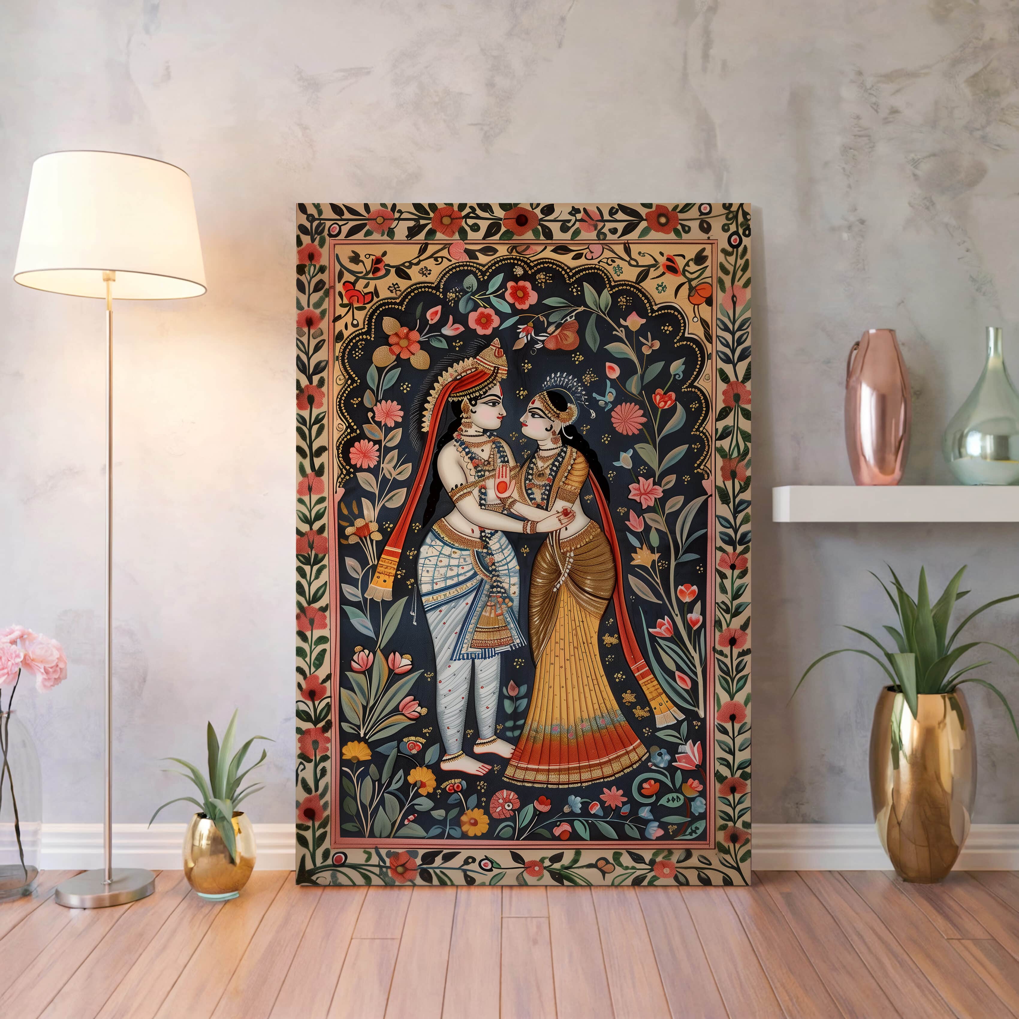 Floral Radha Krishna Canvas Print, Colorful Home Décor Inspired by Indian & Madhubani Art, Perfect Hindu Gift for Festivals & Celebrations