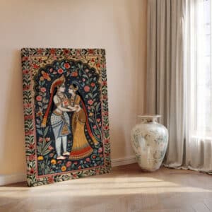 Floral Radha Krishna Canvas Print, Colorful Home Décor Inspired by Indian & Madhubani Art, Perfect Hindu Gift for Festivals & Celebrations - photo #2