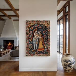 Floral Radha Krishna Canvas Print, Colorful Home Décor Inspired by Indian & Madhubani Art, Perfect Hindu Gift for Festivals & Celebrations - photo #3