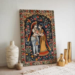 Floral Radha Krishna Canvas Print, Colorful Home Décor Inspired by Indian & Madhubani Art, Perfect Hindu Gift for Festivals & Celebrations - photo #1