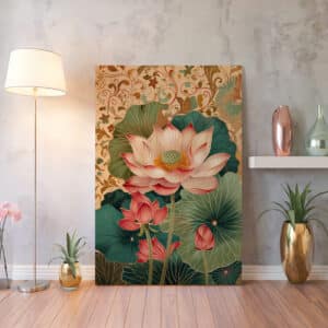 Gentle Pink Lotus Indian Canvas, Beautiful Wall Art Print Inspired by Mughal and Pichwai Art for Elegant Home Decor, Wedding or Housewarming Gift - photo #1