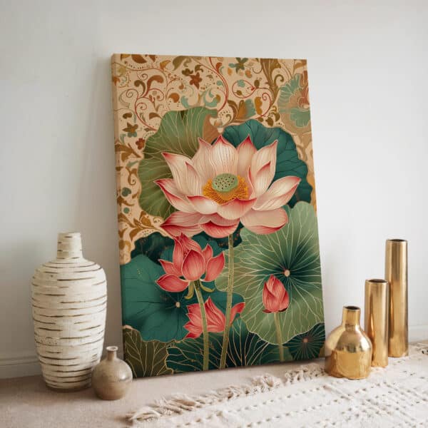 Gentle Pink Lotus Indian Canvas, Beautiful Wall Art Print Inspired by Mughal and Pichwai Art for Elegant Home Decor, Wedding or Housewarming Gift