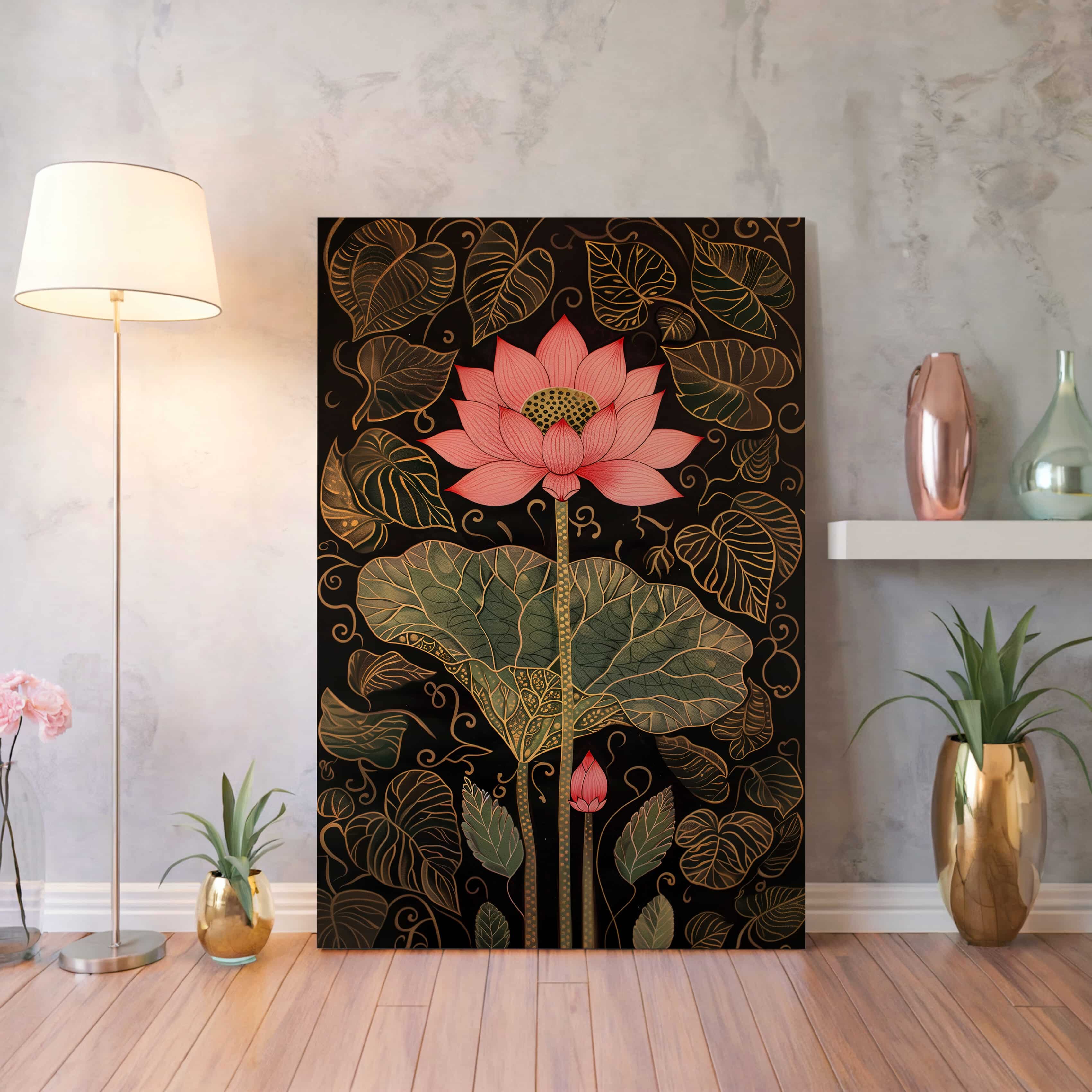 Black and Gold Canvas Print Inspired by Indian Art, Elegant Mughal Style Pink Lotus Artwork for Living Room Wall Decor, Unique Housewarming Gift