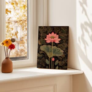 Black and Gold Canvas Print Inspired by Indian Art, Elegant Mughal Style Pink Lotus Artwork for Living Room Wall Decor, Unique Housewarming Gift - photo #3