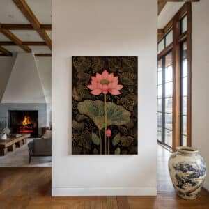 Black and Gold Canvas Print Inspired by Indian Art, Elegant Mughal Style Pink Lotus Artwork for Living Room Wall Decor, Unique Housewarming Gift - photo #5