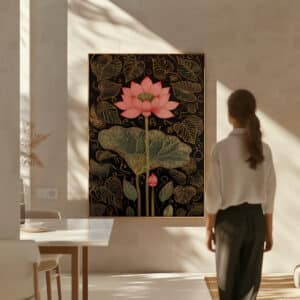 Black and Gold Canvas Print Inspired by Indian Art, Elegant Mughal Style Pink Lotus Artwork for Living Room Wall Decor, Unique Housewarming Gift - photo #2