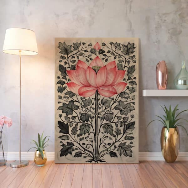 Gentle Lotus Canvas Inspired by Indian Art, Exquisite Floral Madhubani & Pichwai Style Wall Artwork for Home Decor, Thoughtful Gift