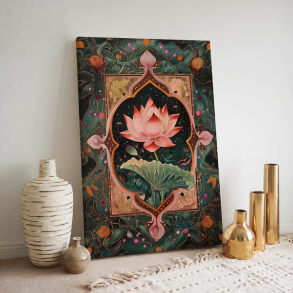 Lotus in Style of Mughal Indian Art Print on Canvas, Exquisite Indian Wall Decor for Cultural Aesthetics, Ideal Gift for Any Occasion