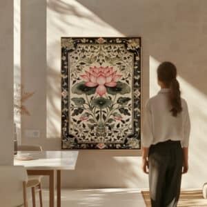 Beige & Black Lotus Indian Art Style Canvas Print, Floral Wall Art inspired by Traditional Madhubani Folk Art for Cultural Home Decor Gift - photo #2