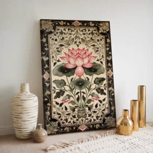 Beige & Black Lotus Indian Art Style Canvas Print, Floral Wall Art inspired by Traditional Madhubani Folk Art for Cultural Home Decor Gift - photo #3