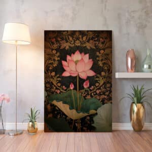 Black and Gold Indian Artwork, Pink Lotus Print on Canvas Inspired by Madhubani Art, Floral Indian Folk Art Style Wall Decor, Housewarming Gift - photo #7