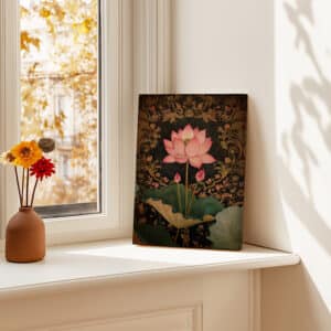 Black and Gold Indian Artwork, Pink Lotus Print on Canvas Inspired by Madhubani Art, Floral Indian Folk Art Style Wall Decor, Housewarming Gift - photo #6