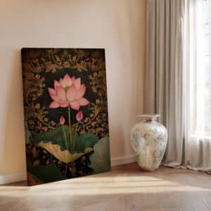 Black and Gold Indian Artwork, Pink Lotus Print on Canvas Inspired by Madhubani Art, Floral Indian Folk Art Style Wall Decor, Housewarming Gift - photo #5