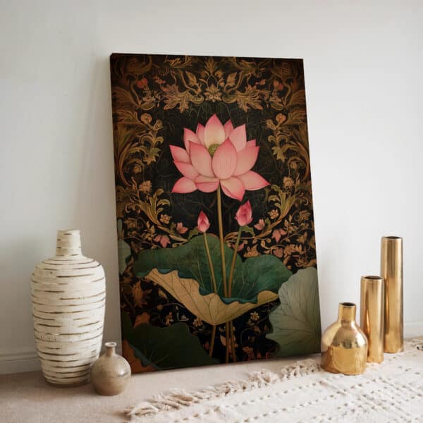 Black and Gold Indian Artwork, Pink Lotus Print on Canvas Inspired by Madhubani Art, Floral Indian Folk Art Style Wall Decor, Housewarming Gift