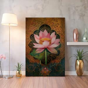 Pink Lotus Mughal Style Wall Art, Flower Canvas Inspired by Madhubani and Pichwai Art, Elegant Gold Accent Indian Print for Home Decor - photo #3