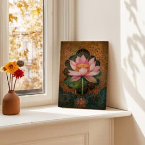 Pink Lotus Mughal Style Wall Art, Flower Canvas Inspired by Madhubani and Pichwai Art, Elegant Gold Accent Indian Print for Home Decor - photo #7