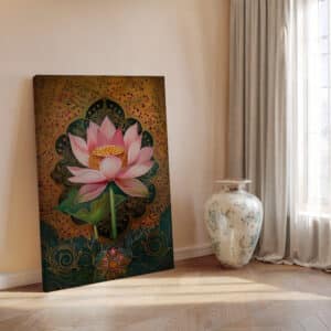 Pink Lotus Mughal Style Wall Art, Flower Canvas Inspired by Madhubani and Pichwai Art, Elegant Gold Accent Indian Print for Home Decor - photo #2