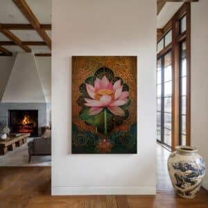Pink Lotus Mughal Style Wall Art, Flower Canvas Inspired by Madhubani and Pichwai Art, Elegant Gold Accent Indian Print for Home Decor - photo #5