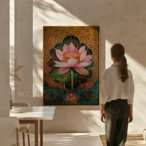 Pink Lotus Mughal Style Wall Art, Flower Canvas Inspired by Madhubani and Pichwai Art, Elegant Gold Accent Indian Print for Home Decor - photo #1