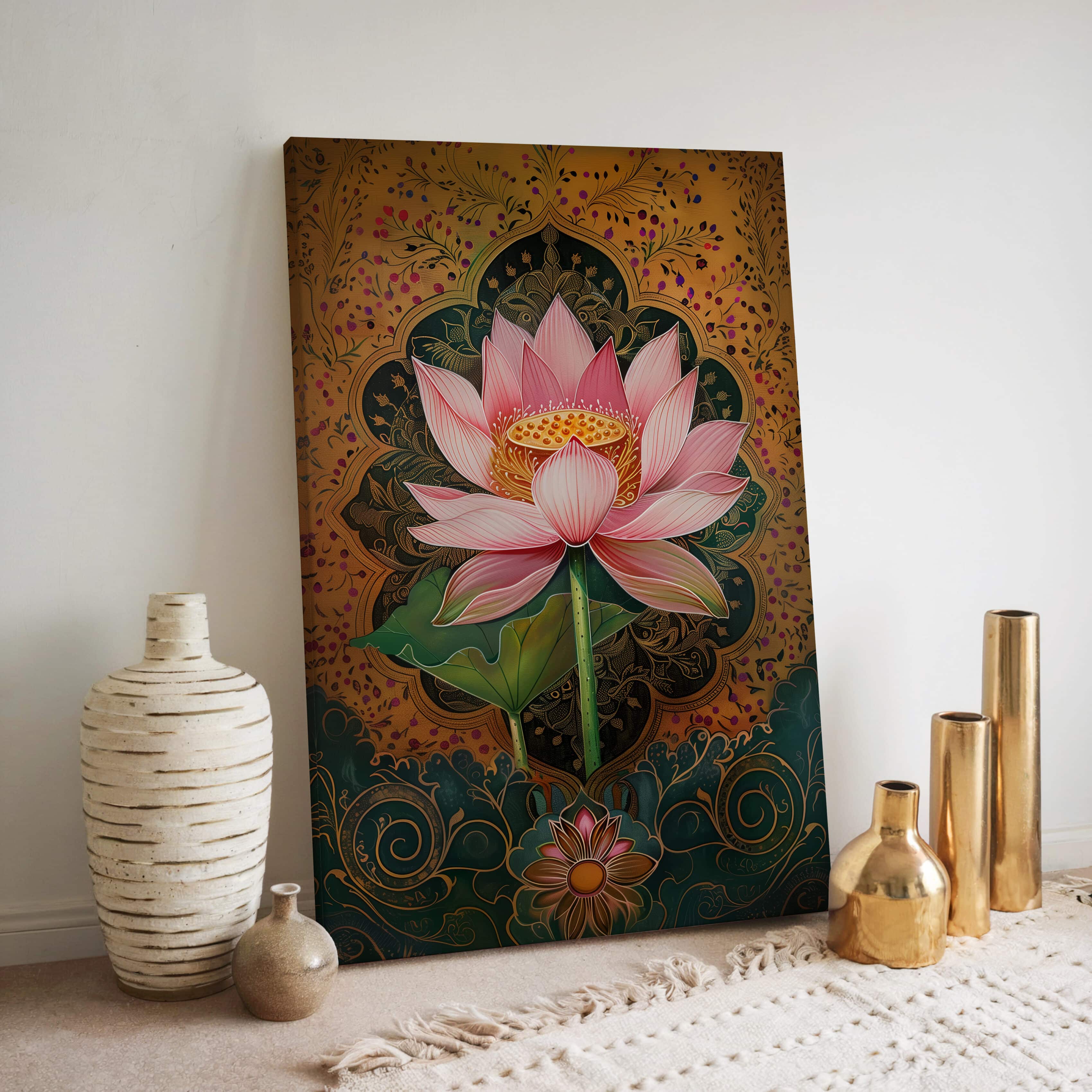 Pink Lotus Mughal Style Wall Art, Flower Canvas Inspired by Madhubani and Pichwai Art, Elegant Gold Accent Indian Print for Home Decor