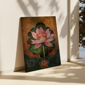Pink Lotus Mughal Style Wall Art, Flower Canvas Inspired by Madhubani and Pichwai Art, Elegant Gold Accent Indian Print for Home Decor - photo #4