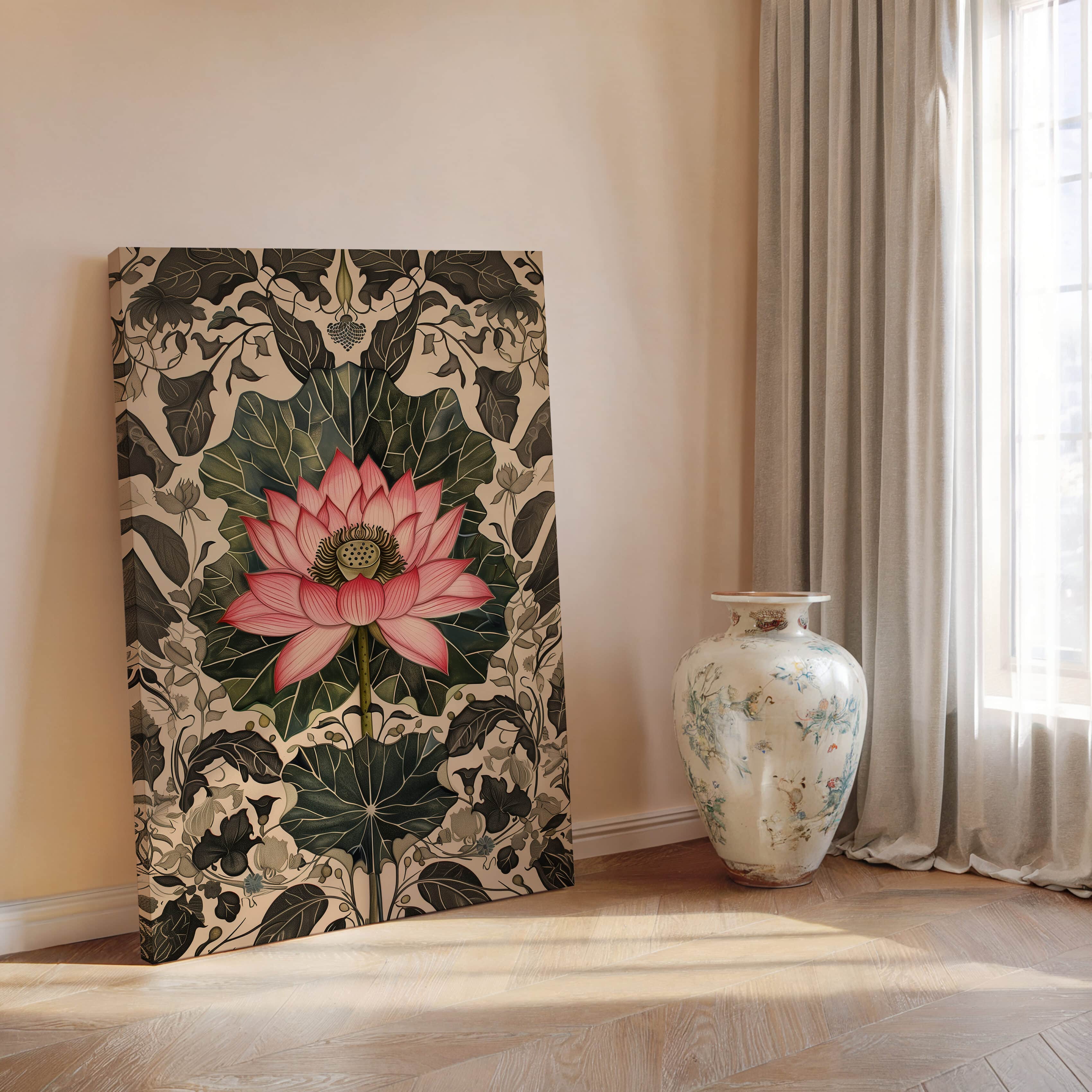 Mughal Pink Lotus Floral Artwork, Stunning Indian Folk Art Style Print on Canvas for Wall Decor, Perfect Housewarming Gift for Contemporary Spaces