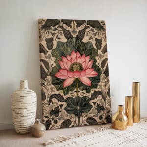 Mughal Pink Lotus Floral Artwork, Stunning Indian Folk Art Style Print on Canvas for Wall Decor, Perfect Housewarming Gift for Contemporary Spaces - photo #2