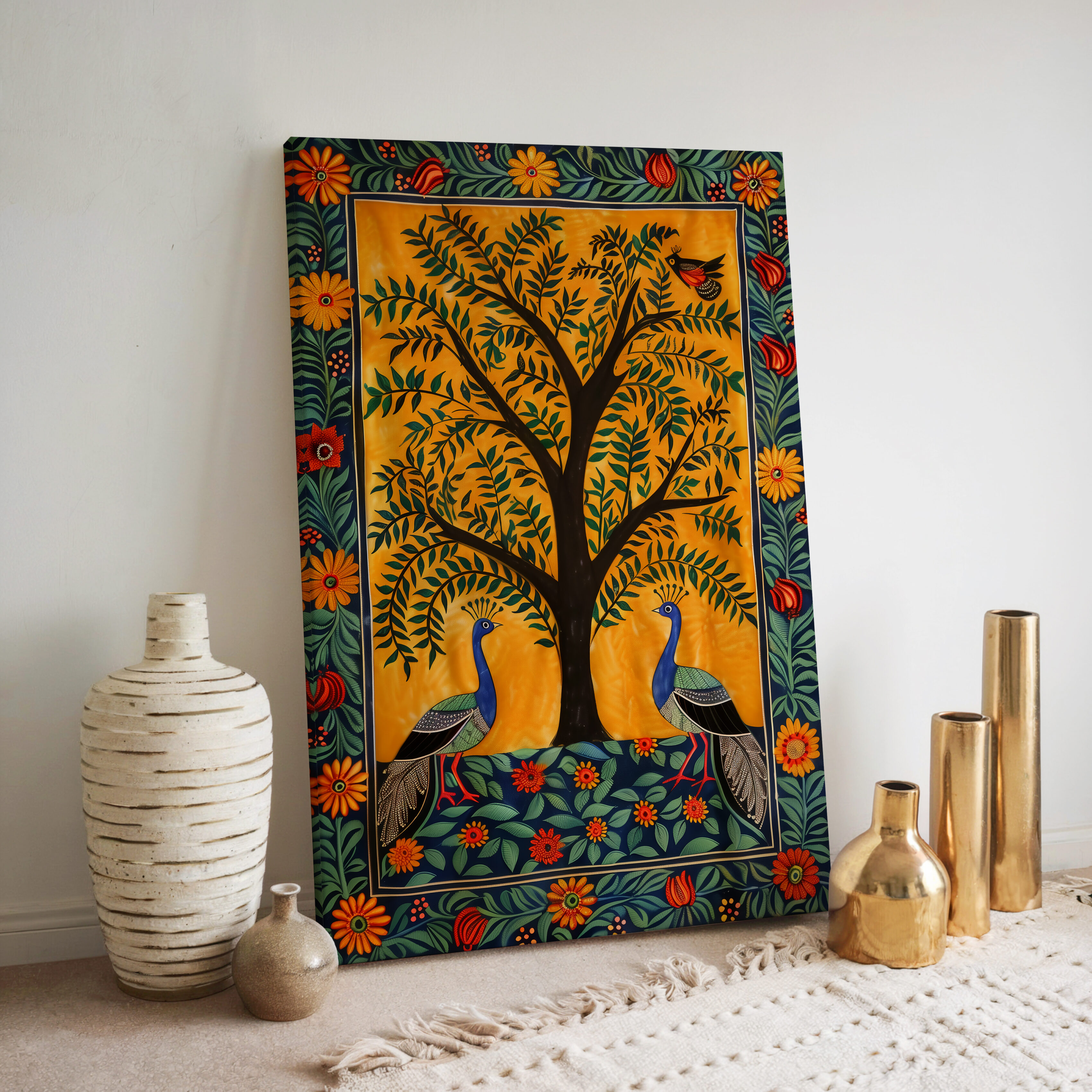 Green & Yellow Indian Peacocks and Tree Canvas Print, Colorful Madhubani & Mughal Motif Style Art for Stunning Indian Wall Decor Gift