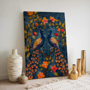 Blue & Orange Peacocks on Blossom Mango Tree Canvas Print, Stunning Indian Folk, Madhubani & Pichwai Style Art Wall Decor, Perfect Wedding Gift - photo #1